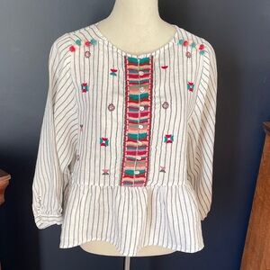 Zara White Striped Boho Colorful Embroidered Peplum Linen Blouse Size XL